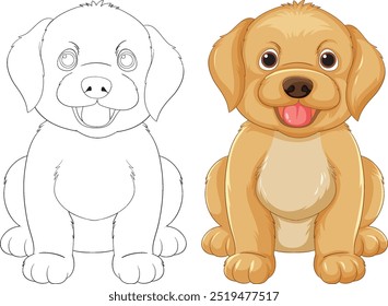 Adorable puppy with colored and outline versions