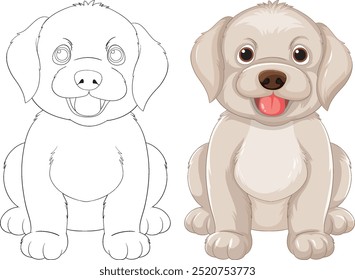 Adorable puppy with colored and outline versions