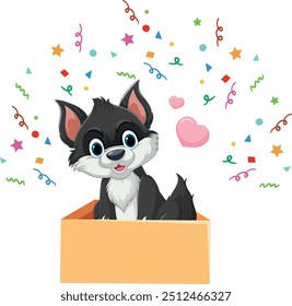 Adorable puppy with confetti and hearts