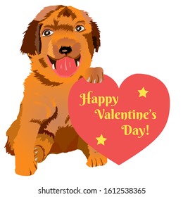 Adorable puppy dog sitting near a red heart with congratulations Happy Valentine's Day. Vector illustration for Card, t-shirt printing and other purposes. Isolated on white background.