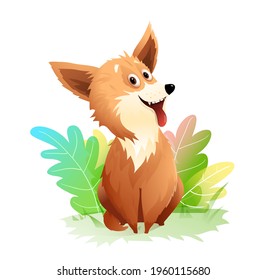 Adorable puppy dog with tongue sticking out sitting in nature outside, funny and fluffy doggy with green leaves mascot. Cute dog vector illustration cartoon.