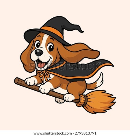 Adorable puppy dressed as a witch flying on a broomstick. Perfect for Halloween stickers, greeting cards, children's products, printable graphics, and festive pet themed artwork.