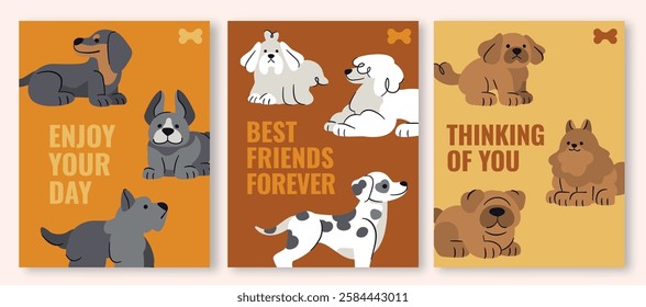 Adorable puppy greeting card template in warm orange, yellow, and brown tones. Perfect for spreading joy to dog lovers. Pomeranian, Bulldog, Shih Tzu, Poodle, Dachshund, Schnauzer, and Dalmatian draw.