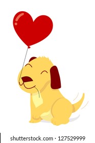 An adorable puppy holding a heart shaped balloon in its mouth.