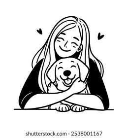 Adorable Puppy Hugged by Smiling Girl Simple Black And White Line Art Illustration
