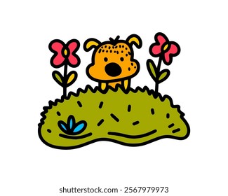Adorable Puppy with in a Lush Field for a Heartwarming and Picturesque Farm Scene Theme Vector illustration