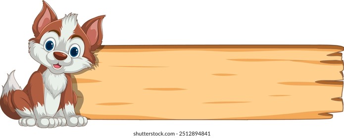 Adorable puppy next to blank wooden sign