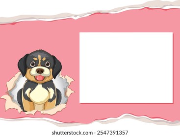 Adorable puppy peeking through a torn paper frame