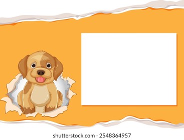 Adorable puppy peeking through torn paper frame