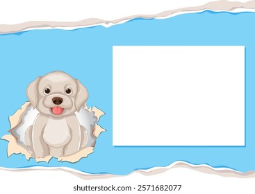 Adorable puppy peeking through a torn paper frame