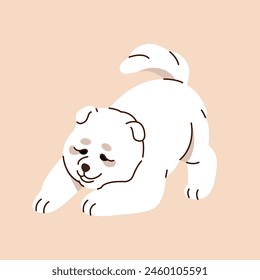 Adorable cachorro de Samoyed perro juega. El cachorro blanco feliz se divierte. Lindo Pequeño perro menea cola. Juguetón mullido se mueve, se estira. Animal doméstico amable, mascota. Ilustración vectorial plana aislada