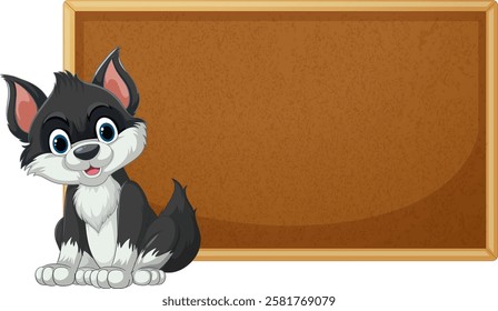 Adorable puppy sitting beside an empty chalkboard