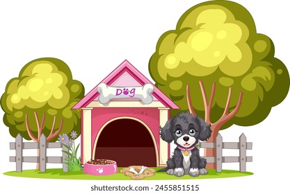 Adorable puppy sitting by its colorful doghouse.