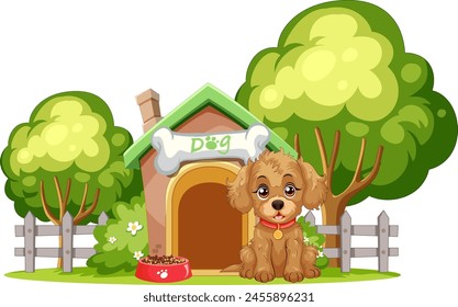 Adorable puppy sitting by its house in a garden.