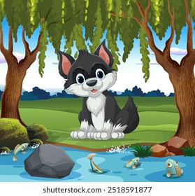 Adorable puppy sitting near a flowing river