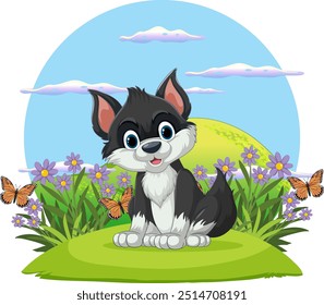 Adorable puppy surrounded by flowers and butterflies