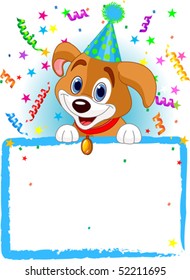 Adorable Puppy Wearing A Party Hat, Looking Over A Blank Starry Sign With Colorful Confetti