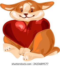 Adorable puppy Welsh corgi Pembroke sits with a heart