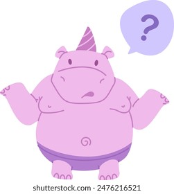 Adorable purple cartoon hippo wearing a party hat, looking confused with a question mark floating above. Kids flat vector illustration.