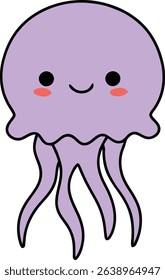 Adorable purple cartoon jellyfish with smiling face and cheeks in cute flat design