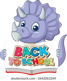 Adorable purple dinosaur holding a colorful 'Back to School' sign. Bright, playful vector illustration with cheerful expression