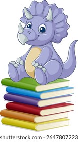 Adorable purple dinosaur perched atop a stack of vibrant books. Playful cartoon style with bright colors and friendly expression