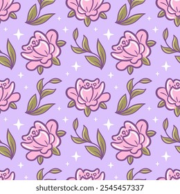 An adorable purple kawaii floral design adorned with vibrant green leaves and stars. Ideal for use as wallpaper, fabric, packaging or background, adding a delightful touch to any project.