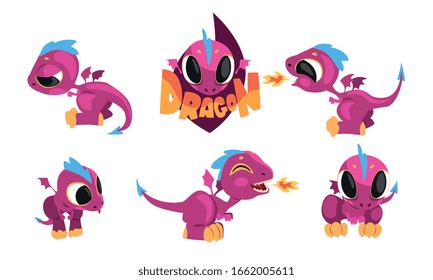Adorable Purple Little Dragons Collection, Funny Fantasy Creatures Cartoon Character Vector Illustration on White Background