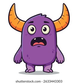 Adorable purple monster with large orange horns, a surprised or scared expression, and large, round eyes. It has a plump, furry body.