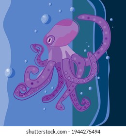 Adorable purple octopus in the depths of the sea. Cartoon underwater world. Design for t-shirt, summer bag, seafood advertising, etc. vector cartoon illustration