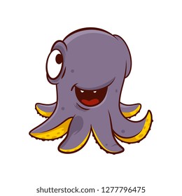 Adorable purple octopus with happy face expression. Funny marine creature with tentacles. Cartoon vector design