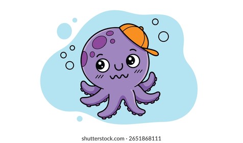 Adorable purple octopus wearing a cool orange cap floating in blue water with bubbles