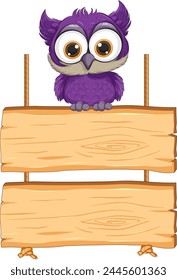 Adorable purple owl perched on empty signboards.