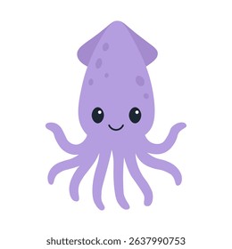 Adorable purple squid with big eyes and smile in flat cartoon style great for childrens designs and educational materials.
