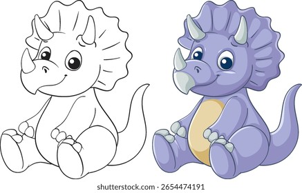 Adorable purple triceratops in cartoon style with vibrant colors and playful expression, perfect for children's media and educational materials