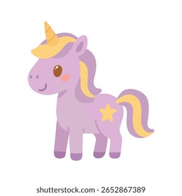Adorável unicórnio roxo com uma juba amarela e marca de estrela, projetado para histórias mágicas, temas de fantasia ou ilustrações infantis encantadoras.