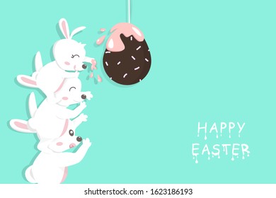 Adorable rabbit carry a baby taste chocolate Easter egg, desserts concept greeting card holiday, cute bunny cartoon invitation background vector illustration