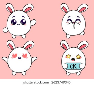 adorable rabbit character in a variety of expressive poses and emotions Ideal for use in stickers, emoji packs, greeting cards, and social media posts