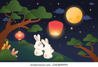 Adorable Rabbit Couple Sitting Side by Side Celebrating Mid Autumn Festival with Floating Lanterns, Vector, Illustration