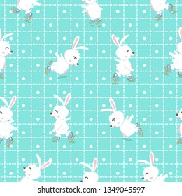 Adorable rabbit ice skating cartoon funny, seamless pattern, characters background texture baby vector illustration