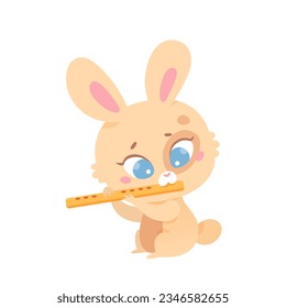 Adorable rabbit playing flute vector illustration. Cartoon isolated cute little bunny holding woodwind musical instrument to blow and play music melody, baby animal flautist character with ears