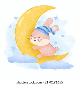 Adorable rabbit sleep on the moon in watercolor painting for graphic design postcard, vector illustration