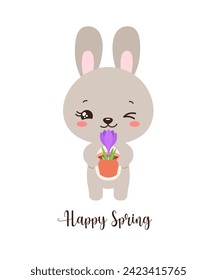 Adorable rabbit spring vector illustration. Kawaii bunny holding crocus flower pot. For Easter greeting card, poster, invitation. Hello spring text. Playful and tender graphic for kids and adults.