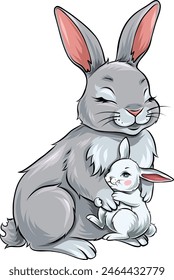 Adorable Rabbit Vector Illustration - Mother and Baby Hugging