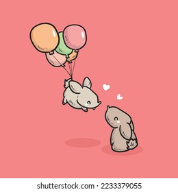 Adorable rabbits couple lovely moment pink background vector line art modern illustration