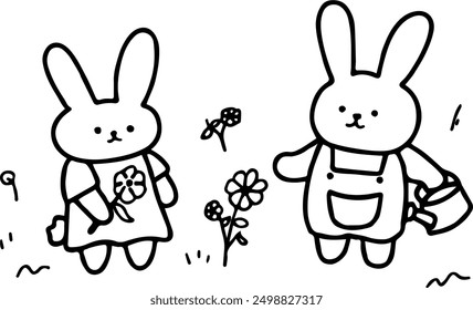 Adorable Rabbits in Garden with Flowers Line Art Vector | Cute Minimalist Design