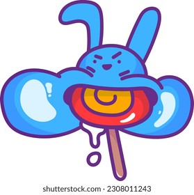 Adorable rabbit-shaped slime as it indulges in a delicious red-yellow lollipop. With a face that exudes determination and focus, this charming illustration captures the joy of savoring sweet treats wi