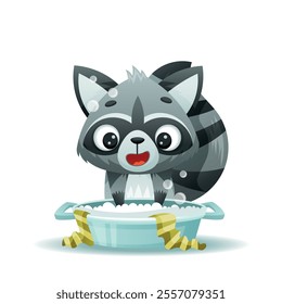 An adorable raccoon character is playfully enjoying a bubbly and delightful bath inside a bubbly tub