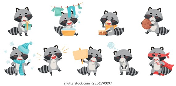 Adorable raccoon characters joyfully engaging in a variety of fun activities such as laundry, cooking, and much more