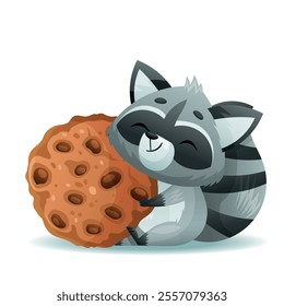 An adorable raccoon is happily cuddling a large, delicious chocolate chip cookie with great joy and enthusiasm